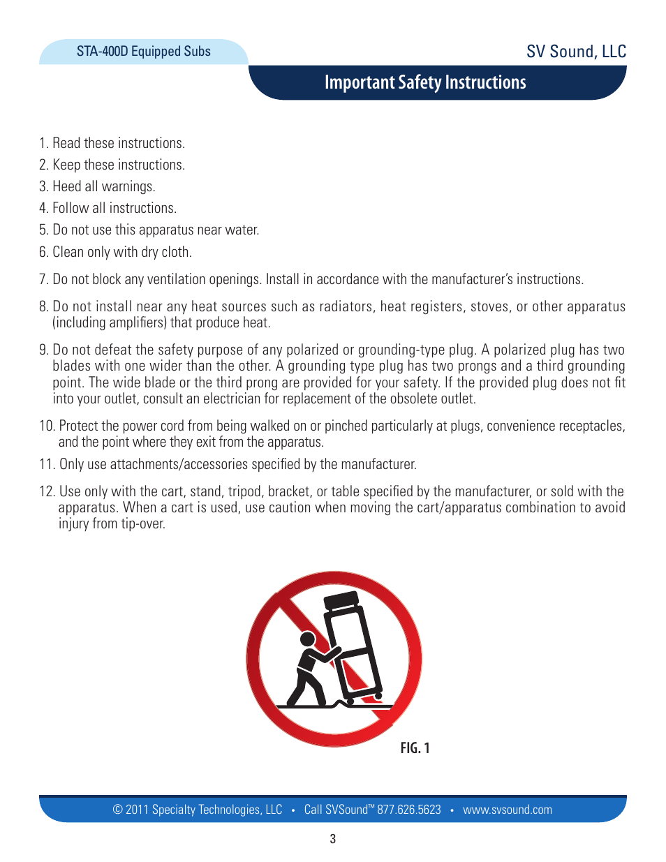 Important safety instructions, Sv sound, llc, Fig. 1 | SVS PB12-NSD User Manual | Page 3 / 18