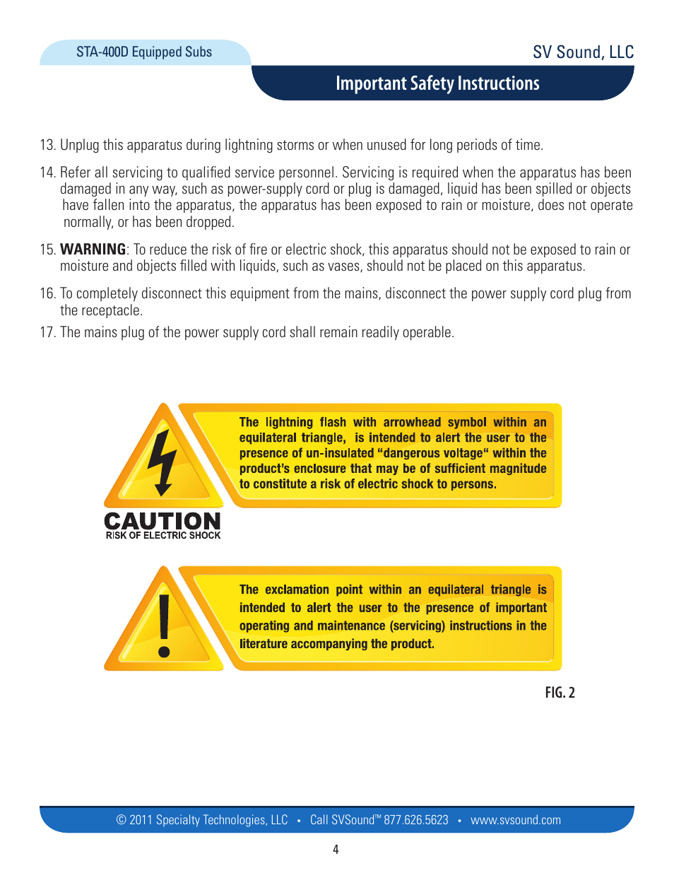 Important safety instructions, Sv sound, llc, Fig. 2 | SVS PB12-NSD User Manual | Page 4 / 18