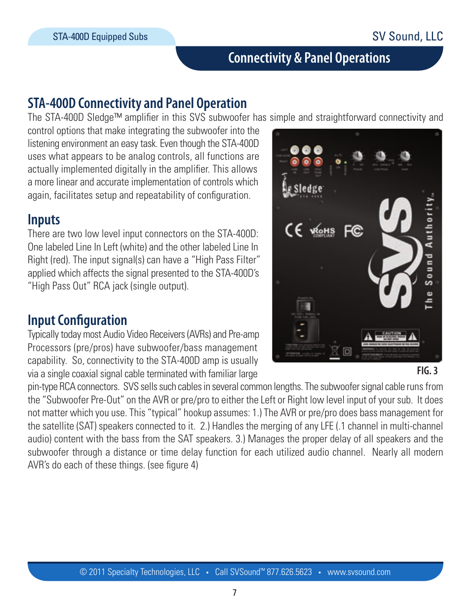 Sta-400d connectivity and panel operation, Inputs, Input configuration | Connectivity & panel operations, Sv sound, llc | SVS PB12-NSD User Manual | Page 7 / 18