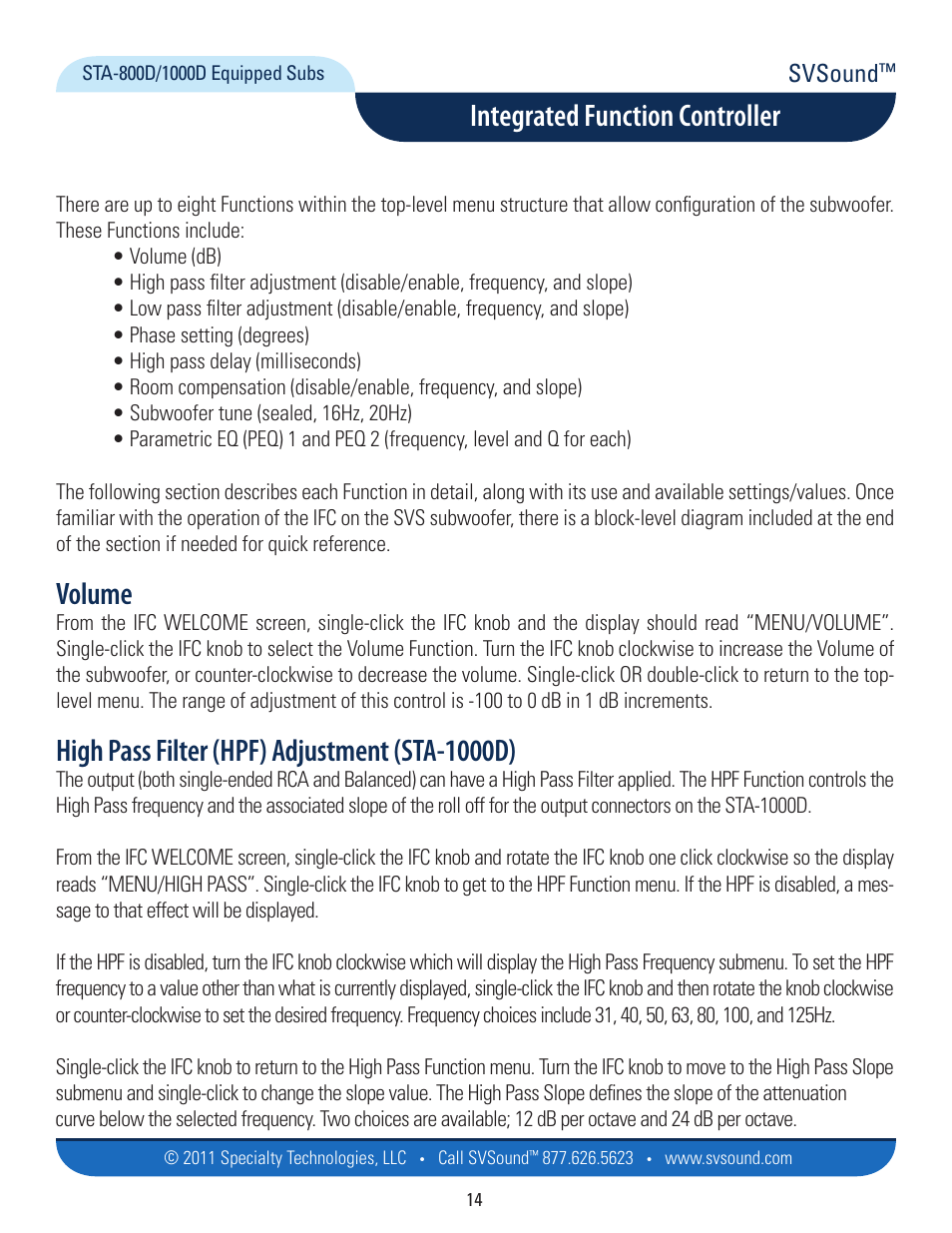 Volume, High pass filter (hpf) adjustment (sta-1000d), Integrated function controller | Svsound | SVS PB12-Plus User Manual | Page 14 / 34