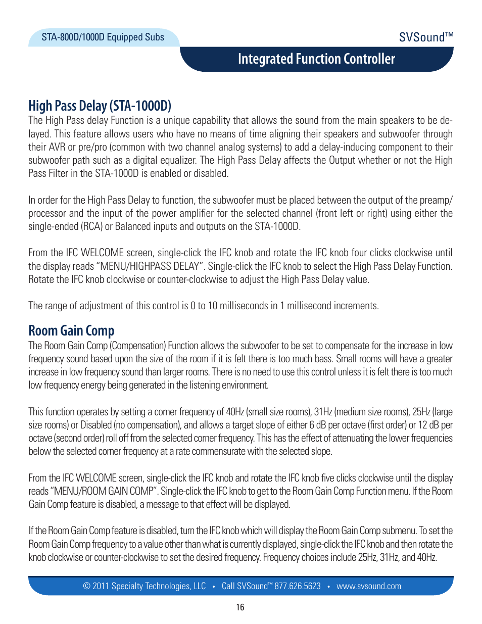 High pass delay (sta-1000d), Room gain comp, Integrated function controller | Svsound | SVS PB12-Plus User Manual | Page 16 / 34