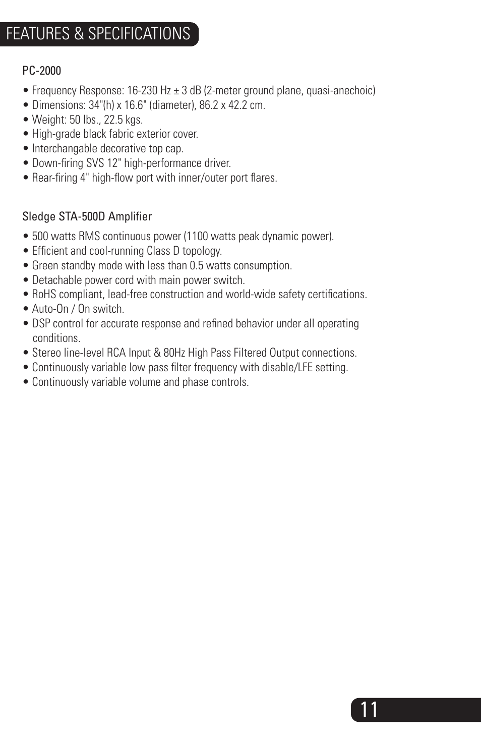 Pc-2000_manual_09162014-11, Features & specifications | SVS PC-2000 User Manual | Page 13 / 16