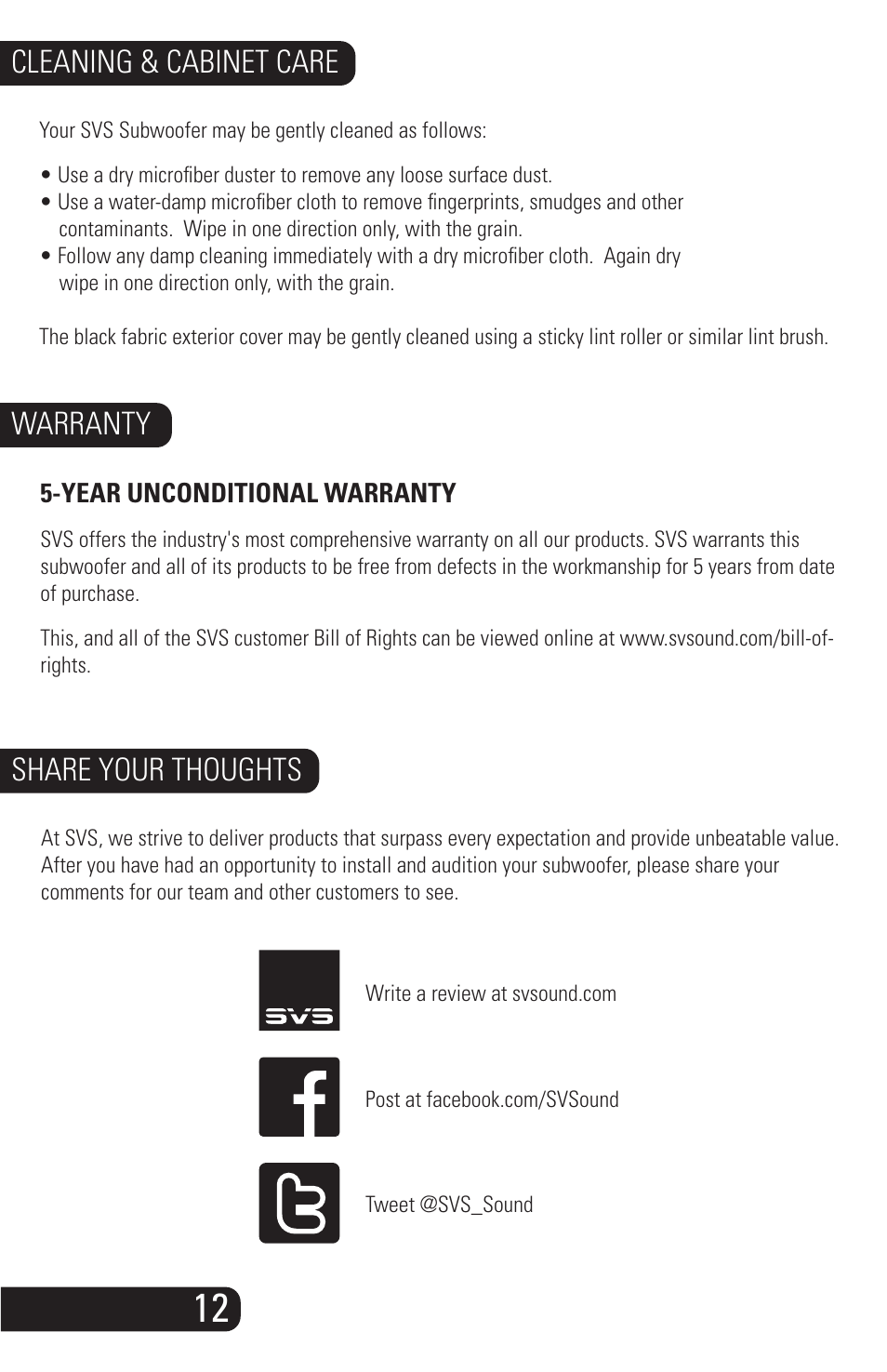 Pc-2000_manual_09162014-12, Warranty cleaning & cabinet care, Share your thoughts | SVS PC-2000 User Manual | Page 14 / 16