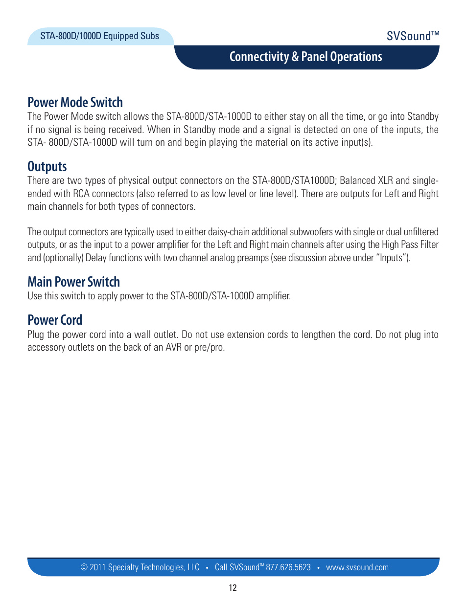 Power mode switch, Outputs, Main power switch | Power cord, Connectivity & panel operations, Svsound | SVS SB13-Ultra User Manual | Page 12 / 34