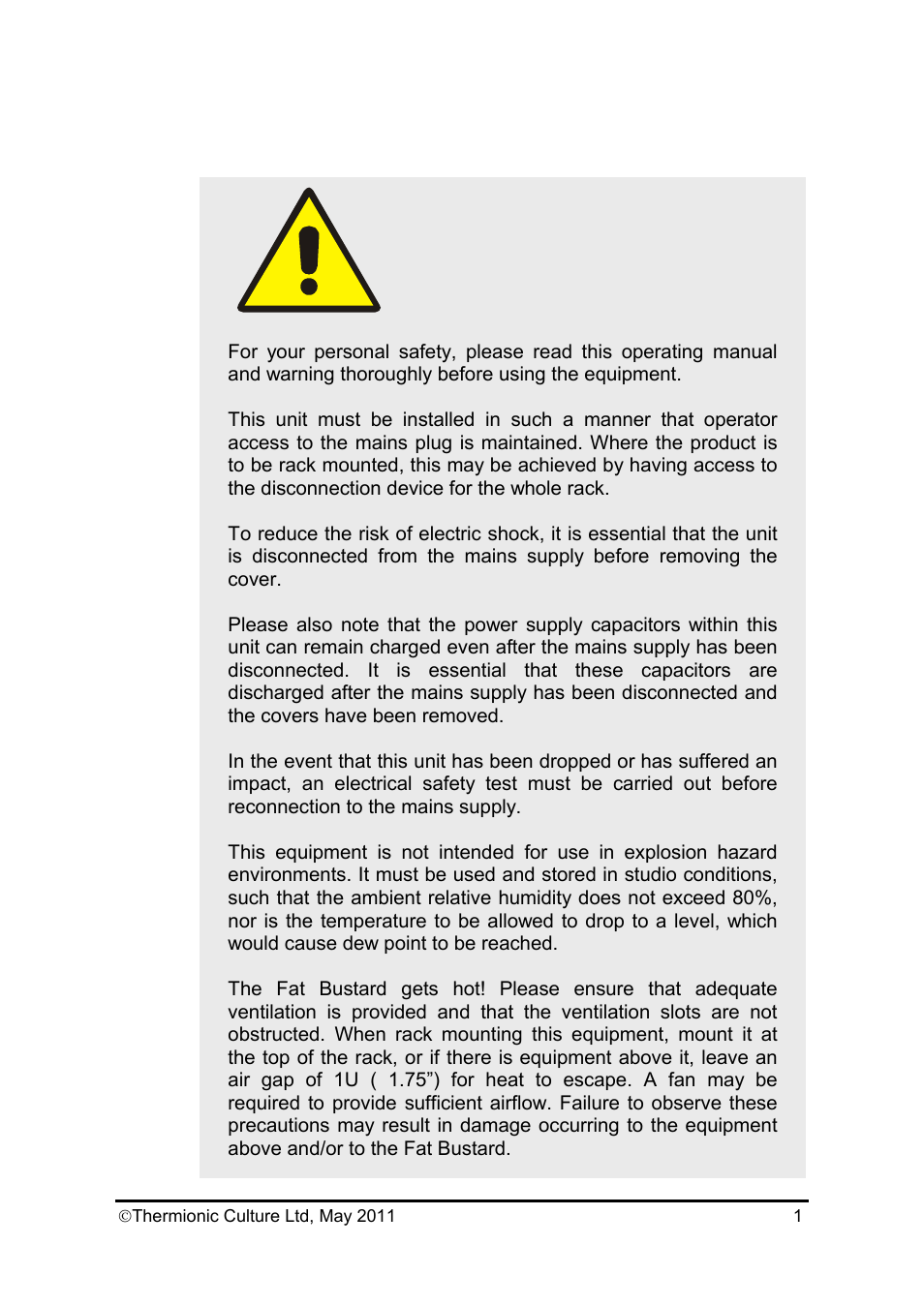 Fat bustard 2 operating manual, Warning | Thermionic Culture THE FAT BUSTARD II 12 Channel Summing mixer User Manual | Page 2 / 15