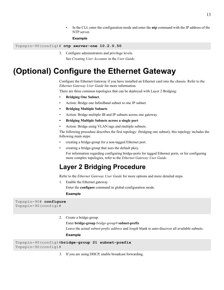 Optional) configure the ethernet gateway, Layer 2 bridging procedure | Cisco TOPSPIN SFS 3001 User Manual | Page 21 / 30