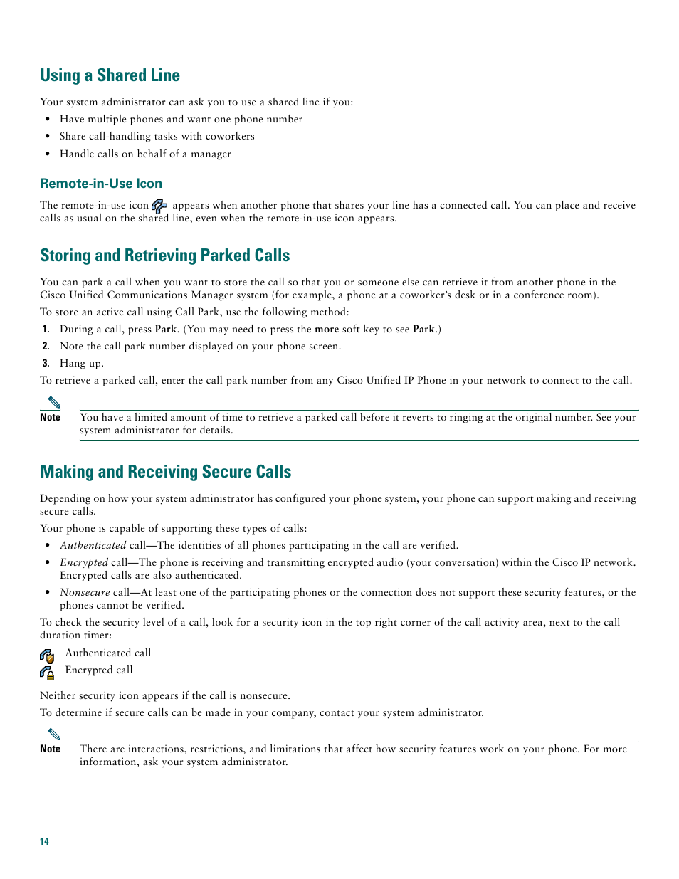 Using a shared line, Remote-in-use icon, Storing and retrieving parked calls | Making and receiving secure calls | Cisco 7970G User Manual | Page 14 / 20