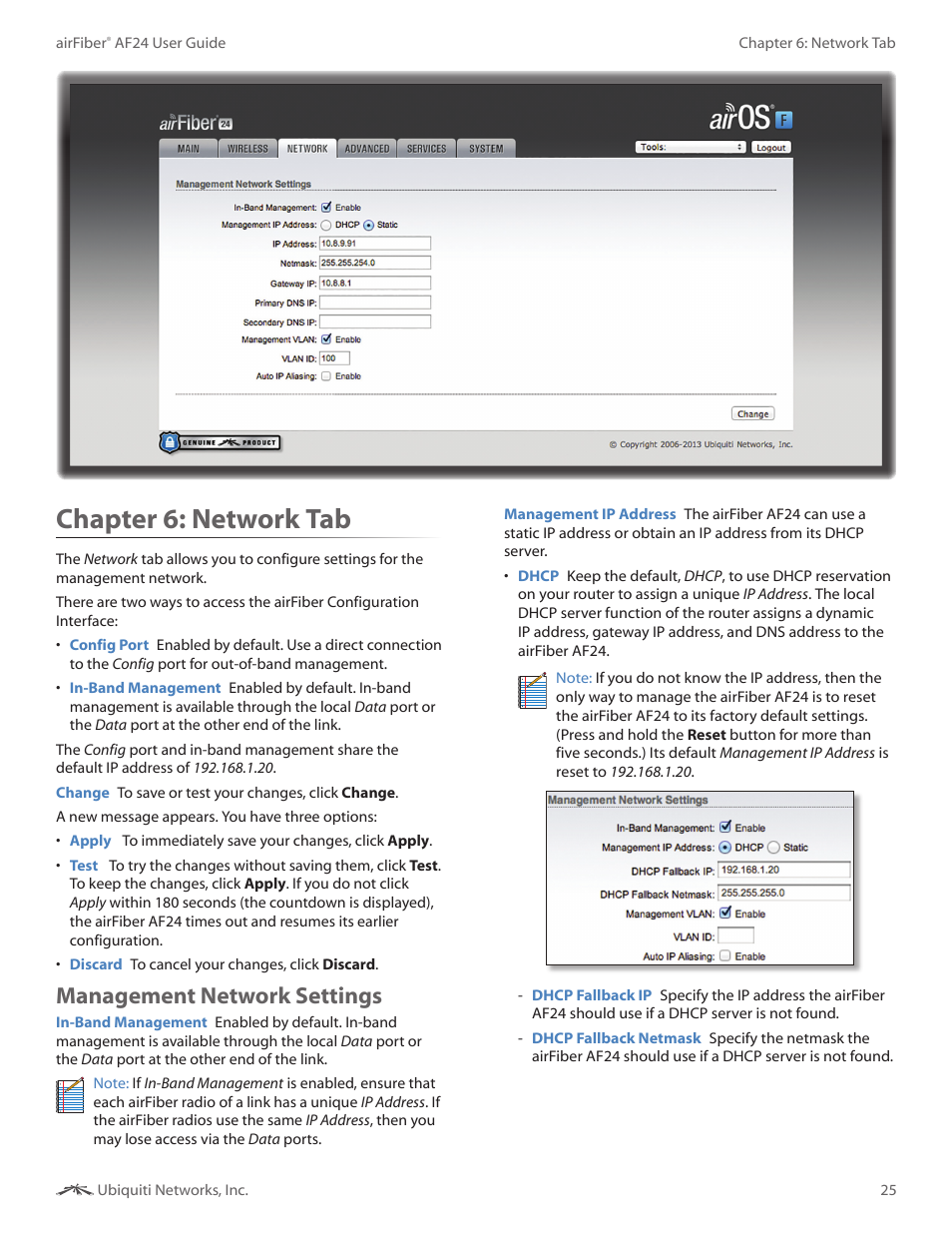 Chapter 6: network tab, Management network settings, Chapter 6 | Network tab | Ubiquiti Networks airFibe24 User Manual | Page 28 / 50