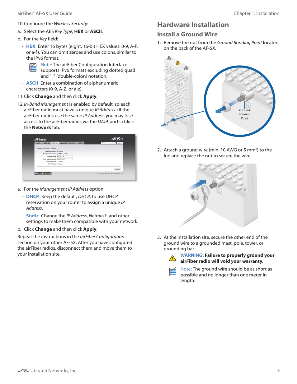 Hardware installation, Install a ground wire | Ubiquiti Networks airFibe5X User Manual | Page 9 / 50