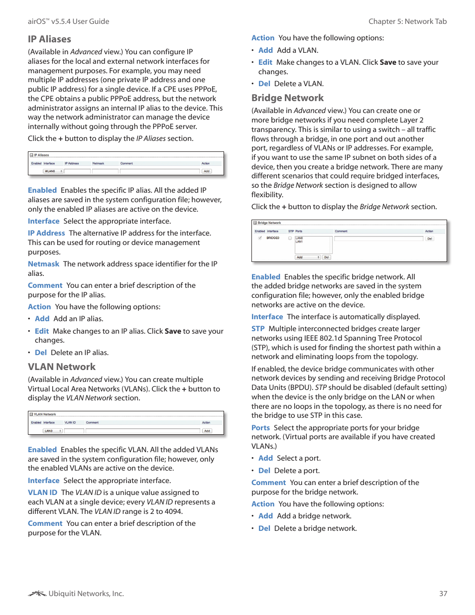 Ip aliases, Vlan network, Bridge network | Ubiquiti Networks PowerBridgM User Manual | Page 40 / 67