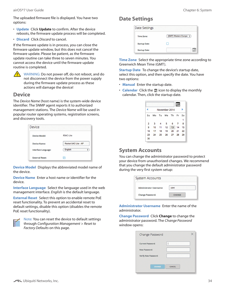Device, Date settings, System accounts | Device date settings system accounts | Ubiquiti Networks Rockeac User Manual | Page 37 / 45