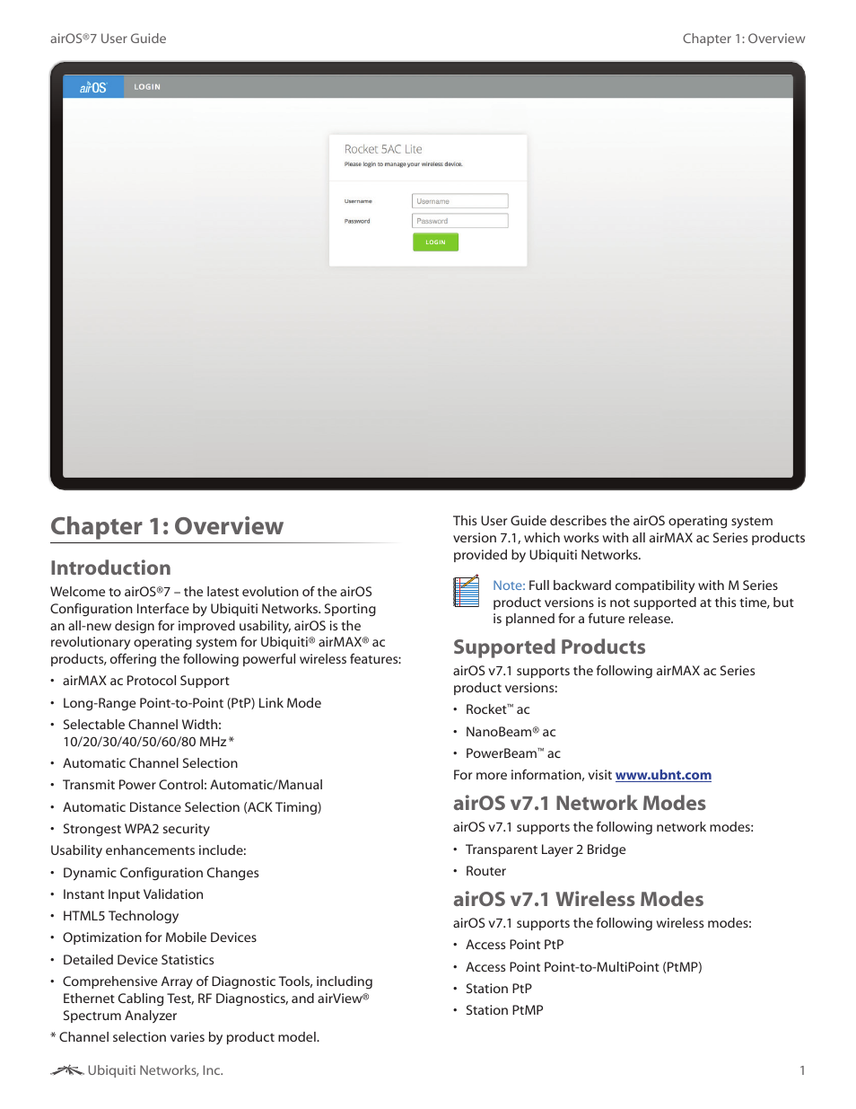 Chapter 1: overview, Introduction, Supported products | Airos v7.1 network modes, Airos v7.1 wireless modes, Chapter 1, Overview | Ubiquiti Networks Rockeac User Manual | Page 4 / 45