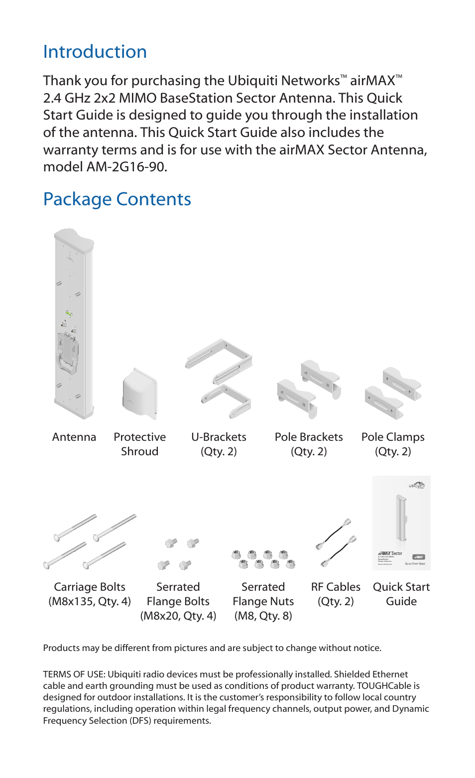 Introduction, Package contents, Airmax | Ubiquiti Networks airMA Sector Antenna User Manual | Page 2 / 20