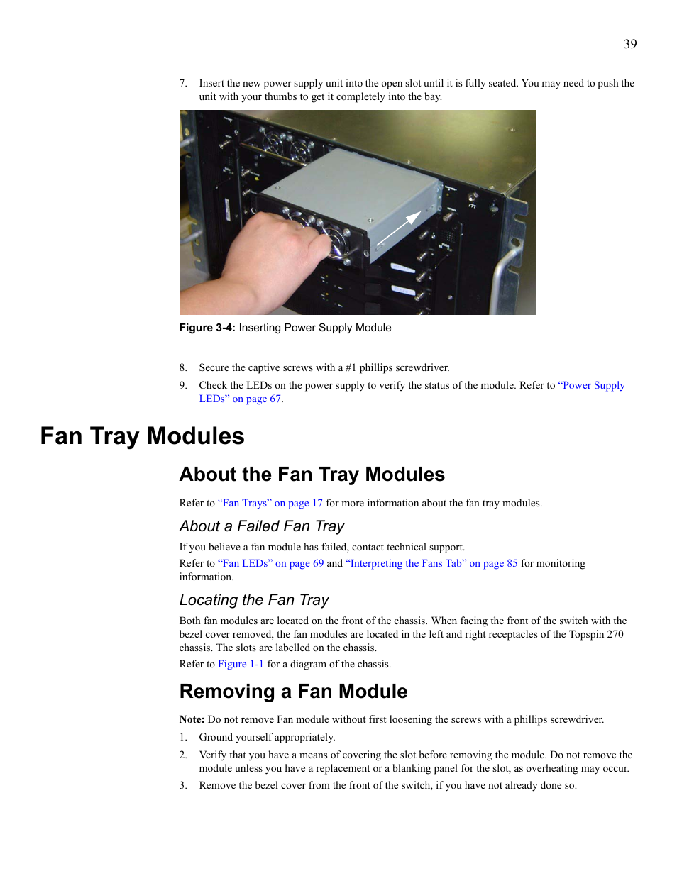 Fan tray modules, About the fan tray modules, Removing a fan module | About the fan tray modules removing a fan module, Refer to, About a failed fan tray, Locating the fan tray | Cisco SFS 7008 User Manual | Page 39 / 108