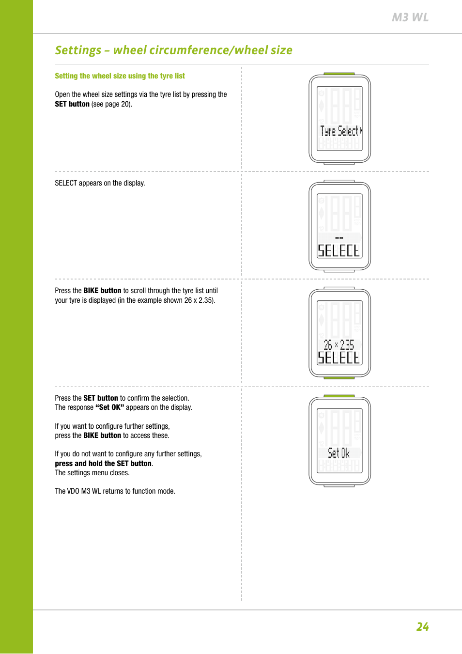 24 m3 wl settings – wheel circumference/wheel size | VDO M3WL User Manual | Page 24 / 41