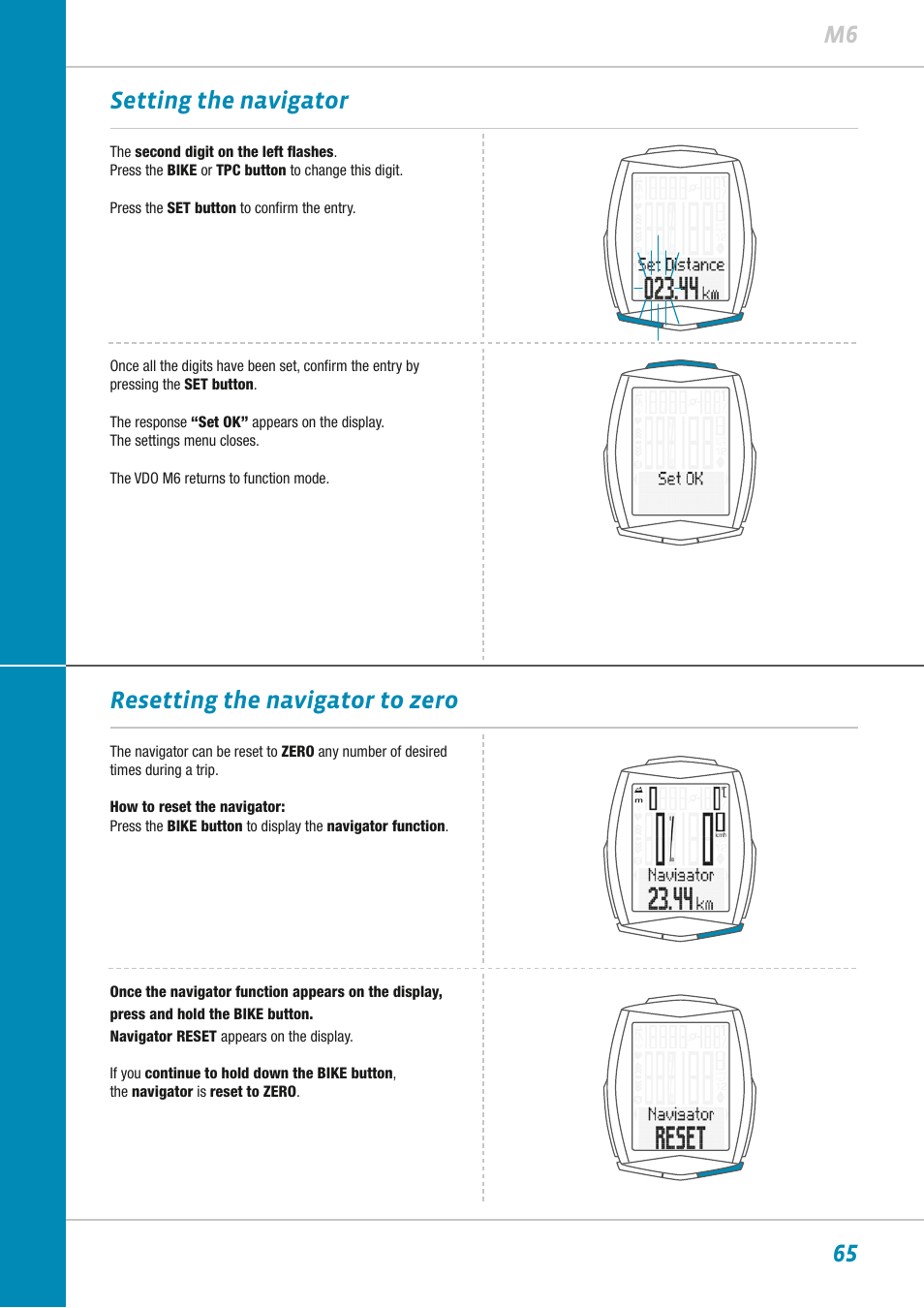 65 m6 setting the navigator, Resetting the navigator to zero | VDO M6WL User Manual | Page 65 / 87