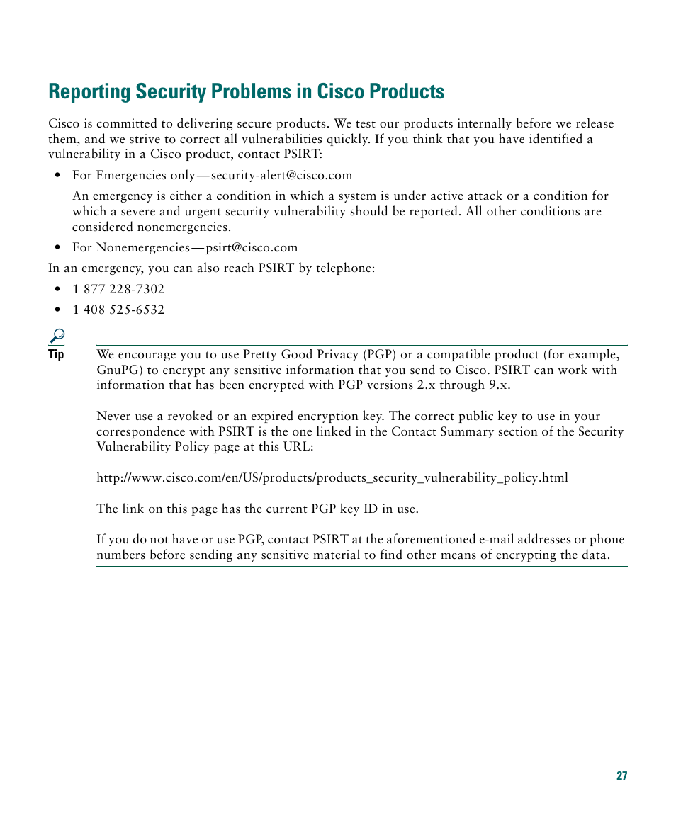Reporting security problems in cisco products | Cisco 3020 User Manual | Page 27 / 36