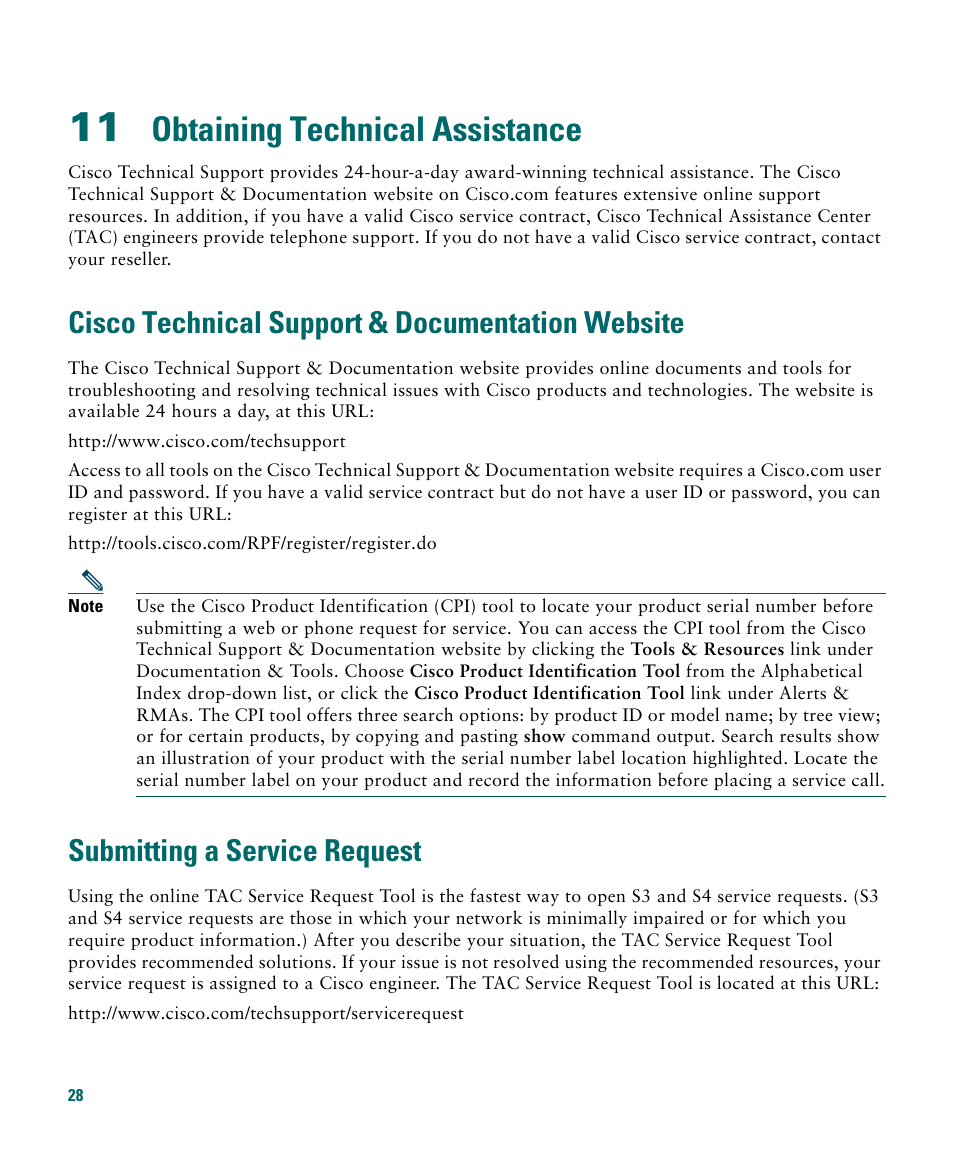 11 obtaining technical assistance, Cisco technical support & documentation website, Submitting a service request | Obtaining technical assistance | Cisco 3020 User Manual | Page 28 / 36
