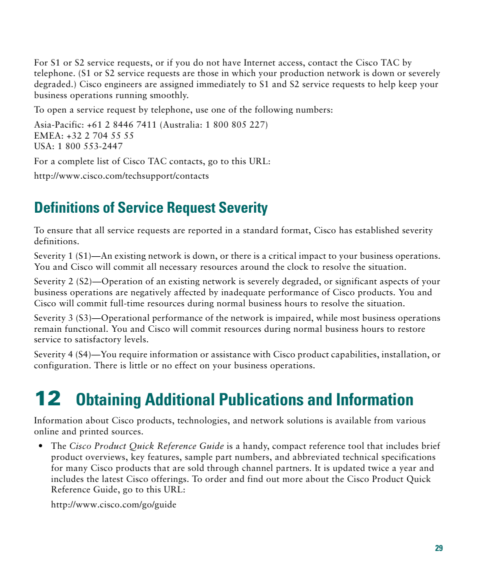 Definitions of service request severity, Obtaining additional publications and information | Cisco 3020 User Manual | Page 29 / 36