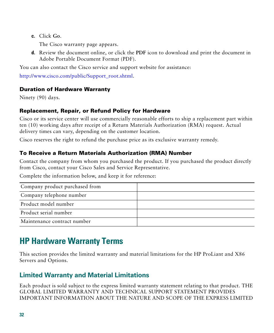 Hp hardware warranty terms, Limited warranty and material limitations | Cisco 3020 User Manual | Page 32 / 36