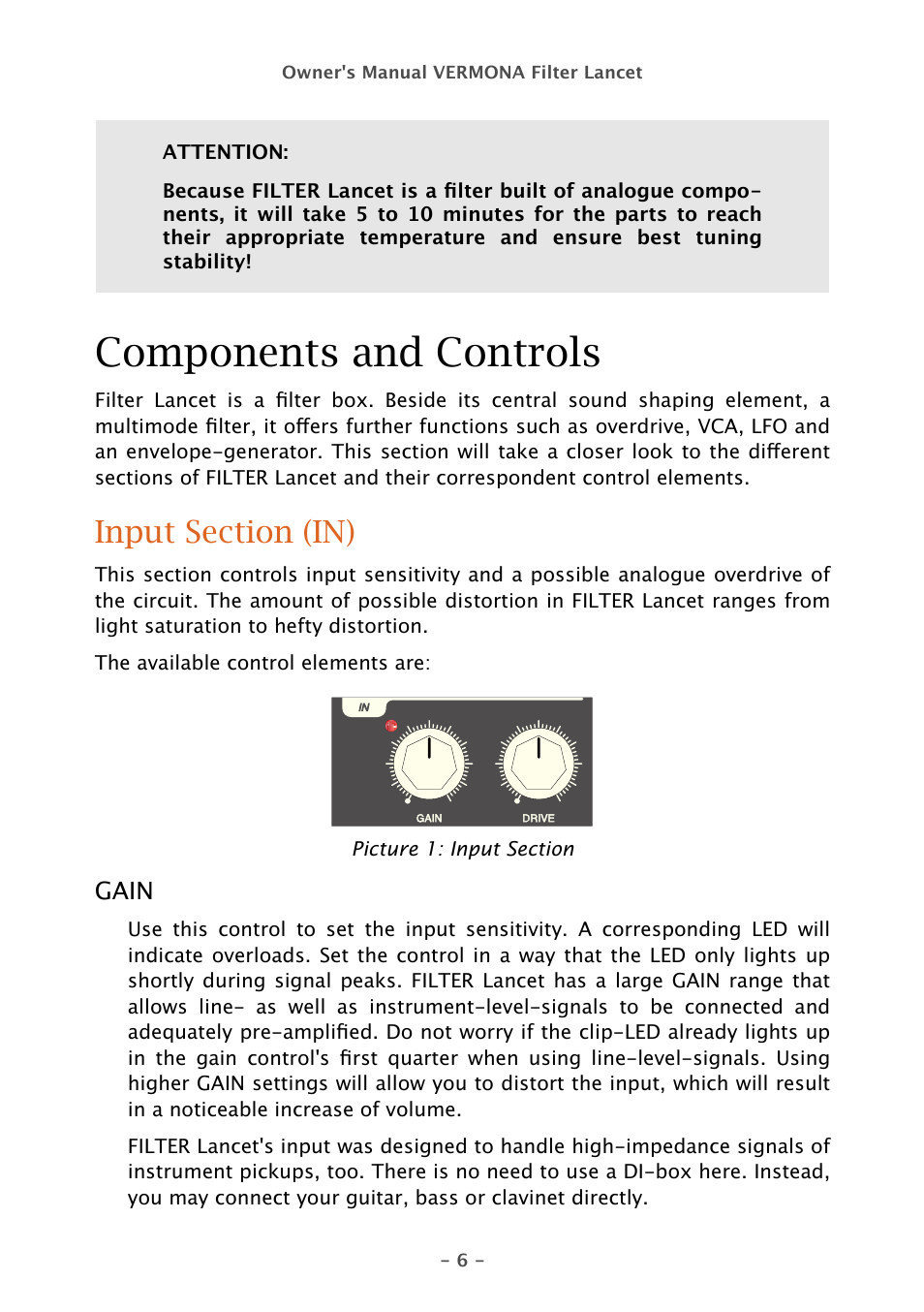 Components and controls | Vermona Filter Lancet - analogue multimode filter User Manual | Page 6 / 19
