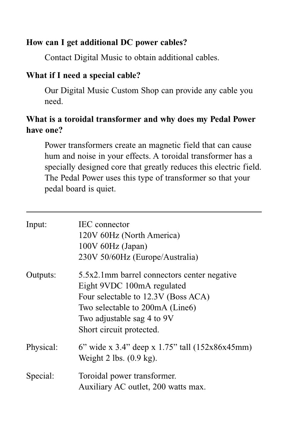 Specifications | Voodoo Lab PEDAL POWER 2 User Manual | Page 10 / 11