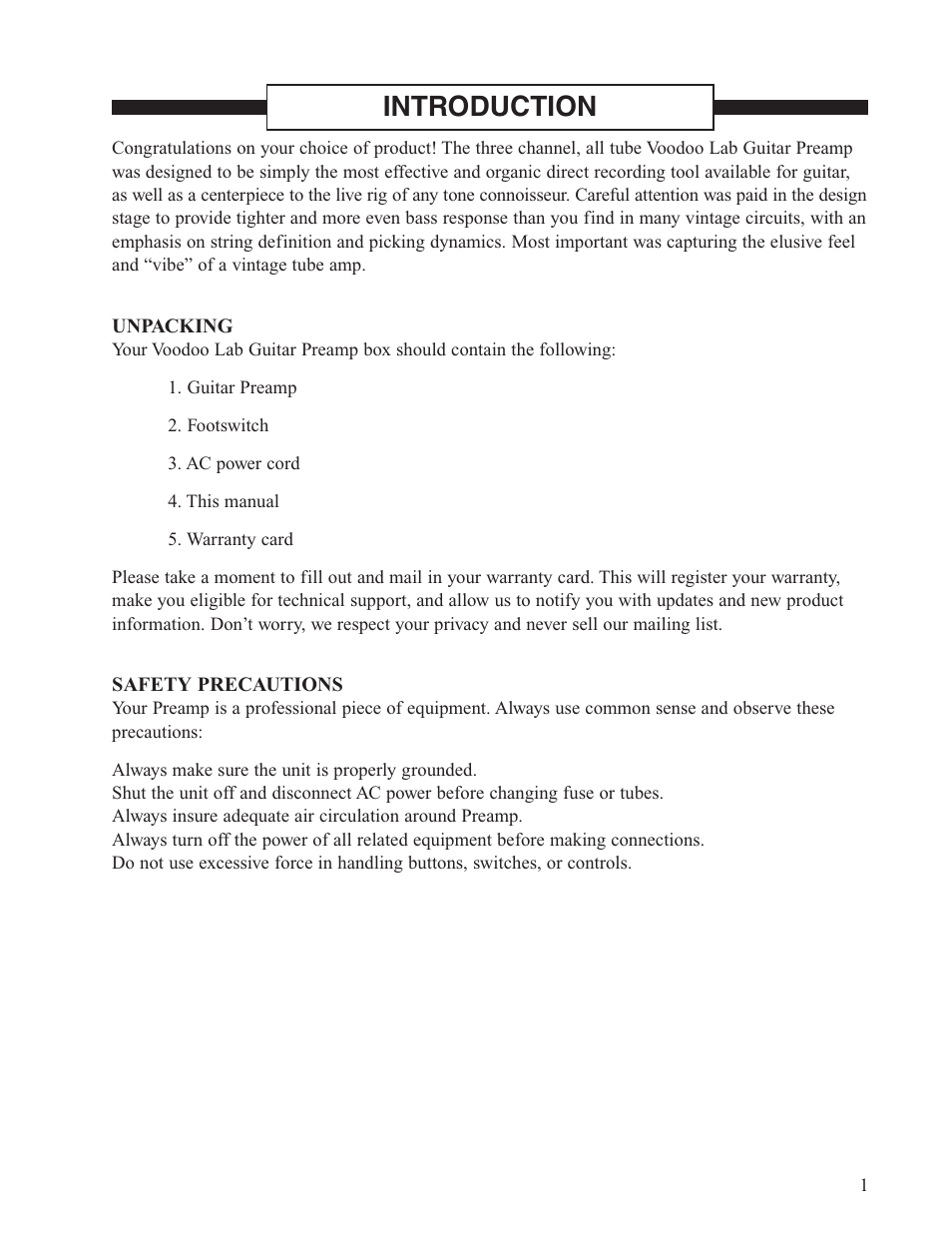 Introduction | Voodoo Lab Guitar Preamp User Manual | Page 2 / 9