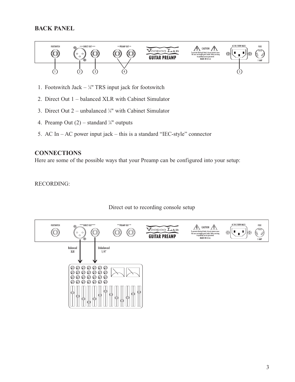 Back panel, Connections, Footswitch jack | Guitar preamp | Voodoo Lab Guitar Preamp User Manual | Page 4 / 9
