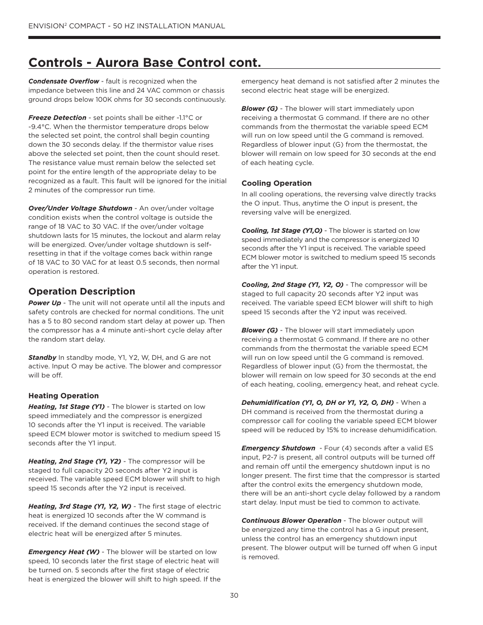 Controls - aurora base control cont, Operation description | WaterFurnace Envision2 User Manual | Page 30 / 54
