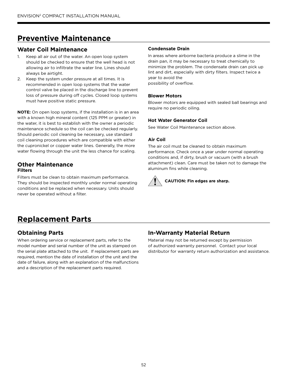 Preventive maintenance, Replacement parts, Preventive maintenance replacement parts | Water coil maintenance, Other maintenance, Obtaining parts, In-warranty material return | WaterFurnace Envision2 User Manual | Page 52 / 60