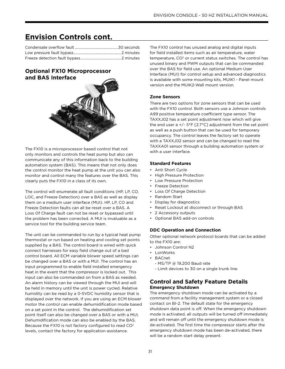 Envision controls cont, Optional fx10 microprocessor and bas interface, Control and safety feature details | S interface | WaterFurnace Envisio Series Console User Manual | Page 31 / 44