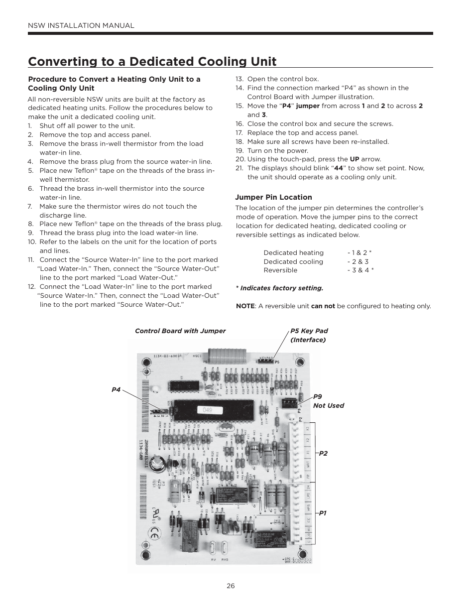 Converting to a dedicated cooling unit | WaterFurnace Envision Hydronic (NSW) User Manual | Page 26 / 52