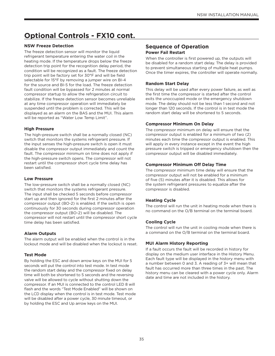 Optional controls - fx10 cont, Sequence of operation | WaterFurnace Envision Hydronic (NSW) User Manual | Page 35 / 52