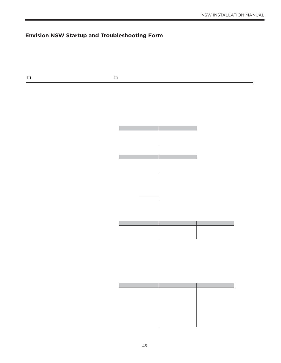 Startup and troubleshooting form, Envision nsw startup and troubleshooting form | WaterFurnace Envision Hydronic (NSW) User Manual | Page 45 / 52
