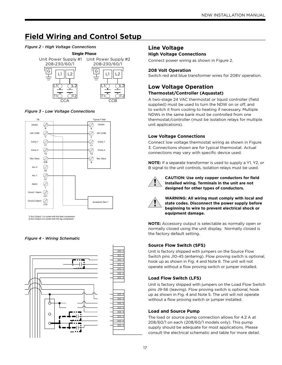 Field wiring and control setup, Line voltage, Low voltage operation | Ndw installation manual, High voltage connections, 208 volt operation, Thermostat/controller (aquastat), Low voltage connections, Source flow switch (sfs), Load flow switch (lfs) | WaterFurnace Envision Hydronic (NDW) User Manual | Page 17 / 36