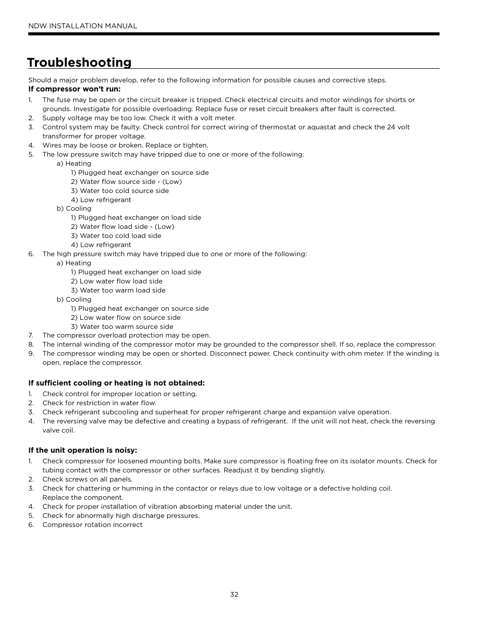Troubleshooting | WaterFurnace Envision Hydronic (NDW) User Manual | Page 32 / 36