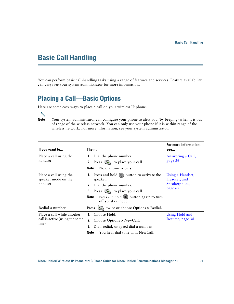 Basic call handling, Placing a call-basic options, Placing a call—basic options | Cisco Cisco Unified Wireless IP Phone 7921G User Manual | Page 39 / 124