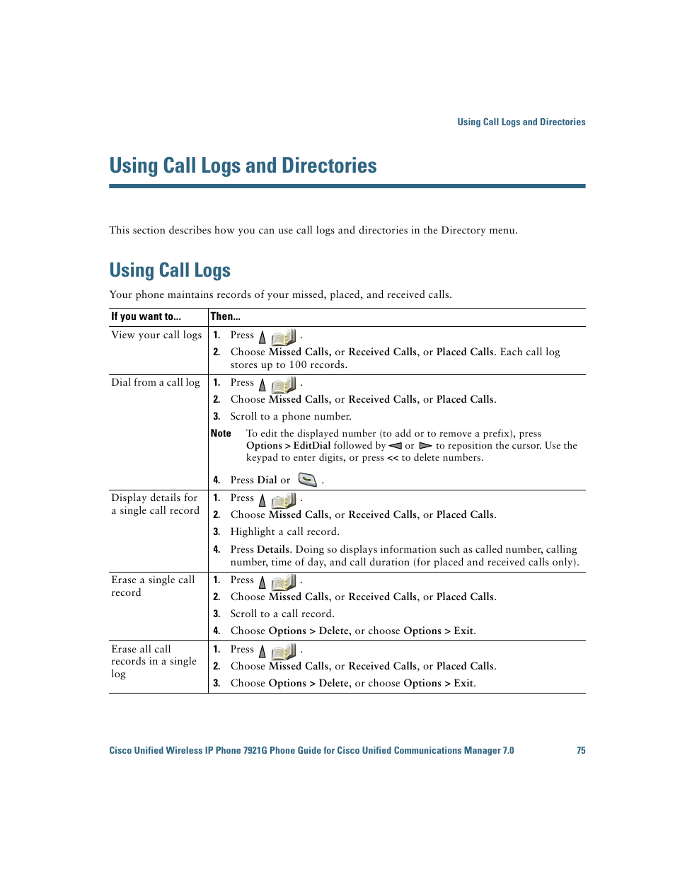 Using call logs and directories, Using call logs | Cisco Cisco Unified Wireless IP Phone 7921G User Manual | Page 83 / 124