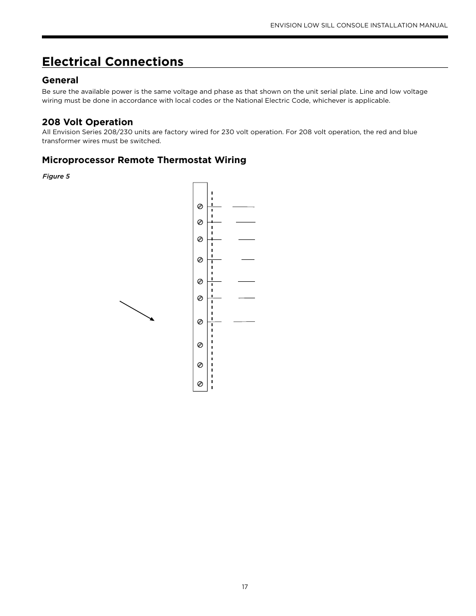 Electrical connections, General, 208 volt operation | Microprocessor remote thermostat wiring | WaterFurnace Envision Low Sill User Manual | Page 17 / 48
