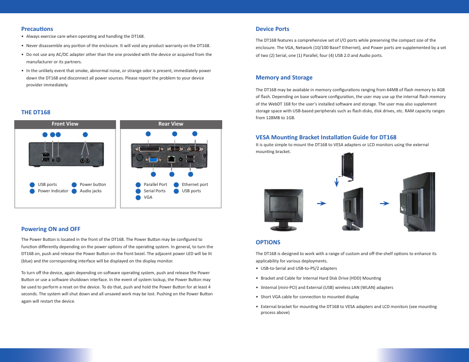 The dt168 powering on and off, Device ports, Vesa mounting bracket installation guide for dt168 | Options, Precautions | WebDT DT168 User Manual | Page 2 / 2