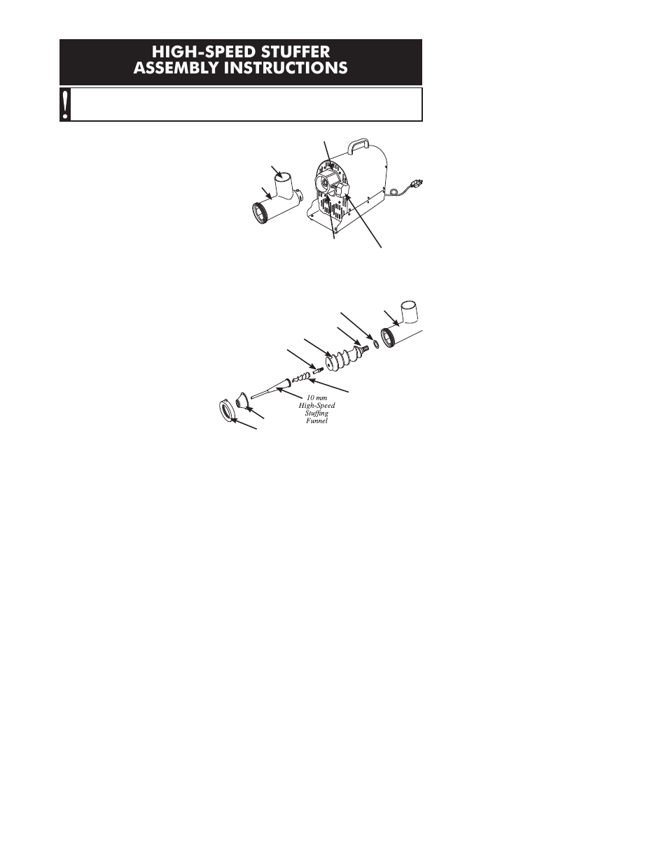 High-speed stuffer assembly instructions, Warning | Weston Commercial Electric Meat Grinders User Manual | Page 12 / 64