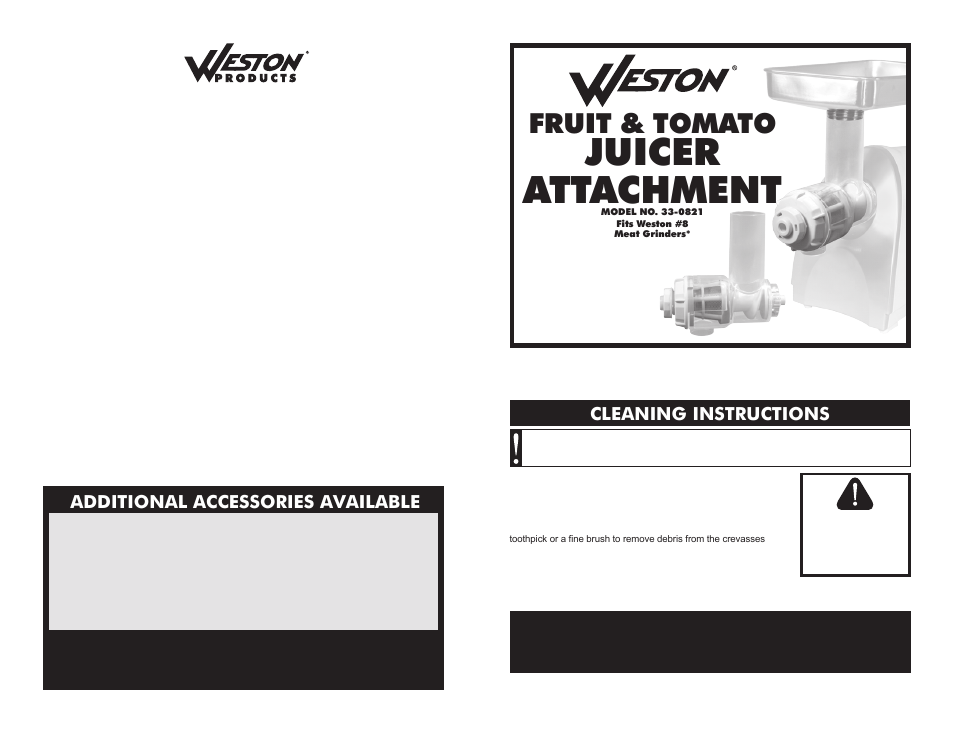 Juicer attachment, Fruit & tomato, Save these instructions | Additional accessories available, Cleaning instructions, Warning | Weston Attachments for Weston #8 Meat Grinders User Manual | Page 3 / 8