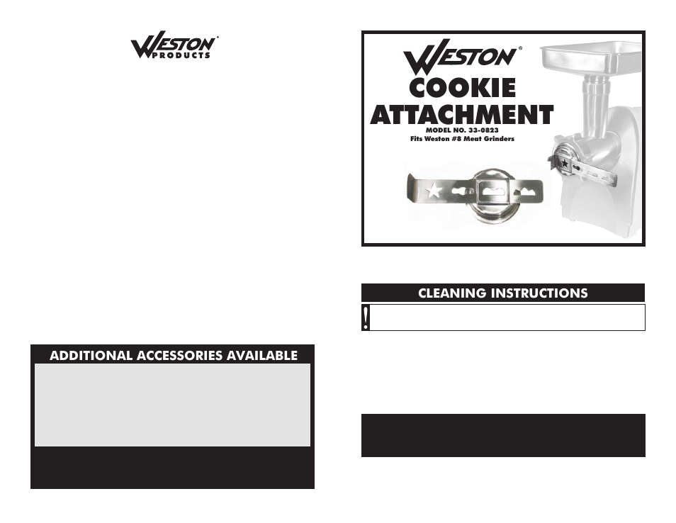 Cookie attachment, Save these instructions, Additional accessories available | Cleaning instructions | Weston Attachments for Weston #8 Meat Grinders User Manual | Page 7 / 8