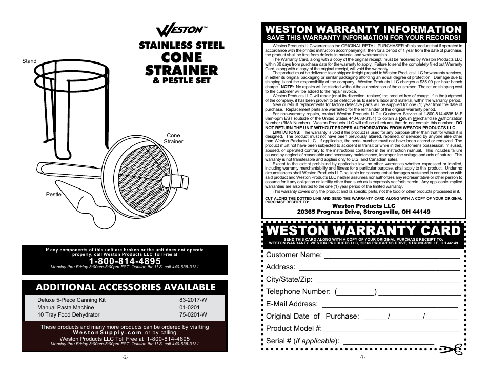 Cone strainer, Weston warranty card, Stainless steel | Weston warranty information, Additional accessories available, Pestle set | Weston Stainless Steel Cone Strainer User Manual | Page 2 / 4