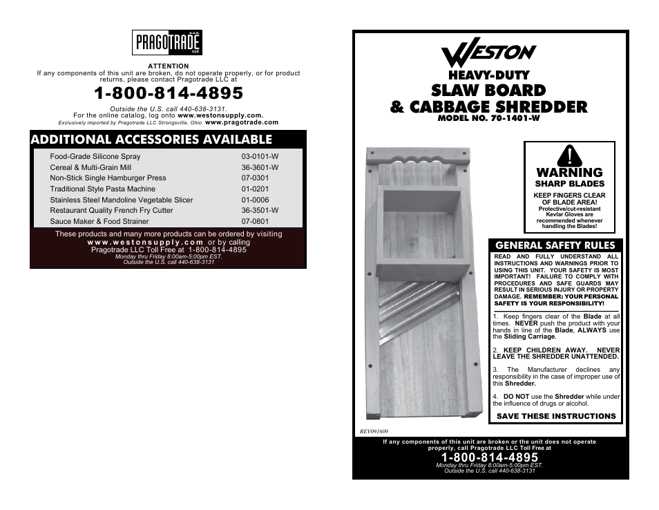 Weston Slaw Board & Cabbage Shredder User Manual | 2 pages