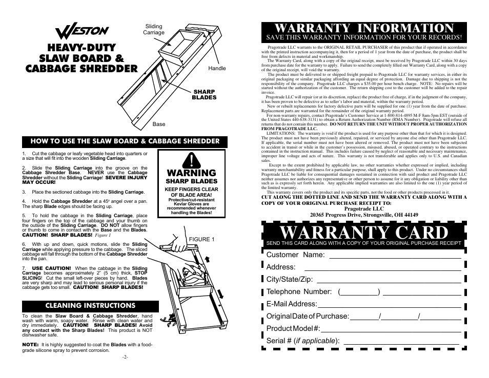 Warranty card, Warranty information, Heavy-duty slaw board & cabbage shredder | Warning | Weston Slaw Board & Cabbage Shredder User Manual | Page 2 / 2