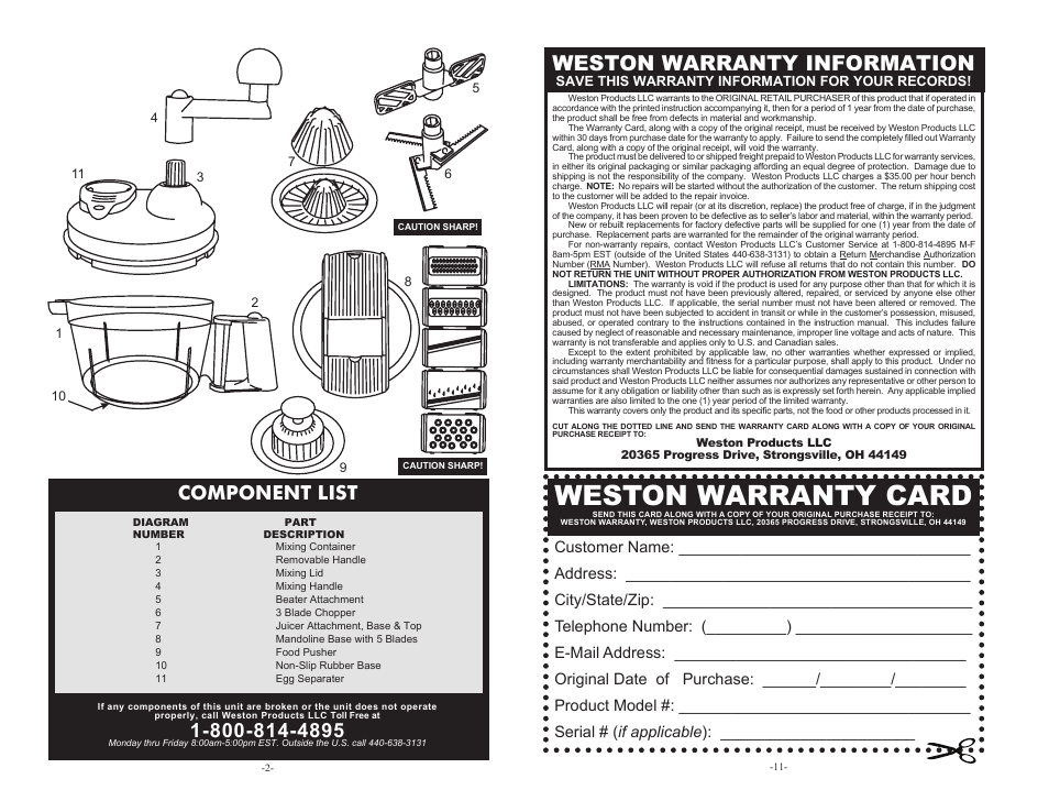 Weston warranty card, Weston warranty information, Component list | Weston Manual Kitchen Kit User Manual | Page 2 / 6