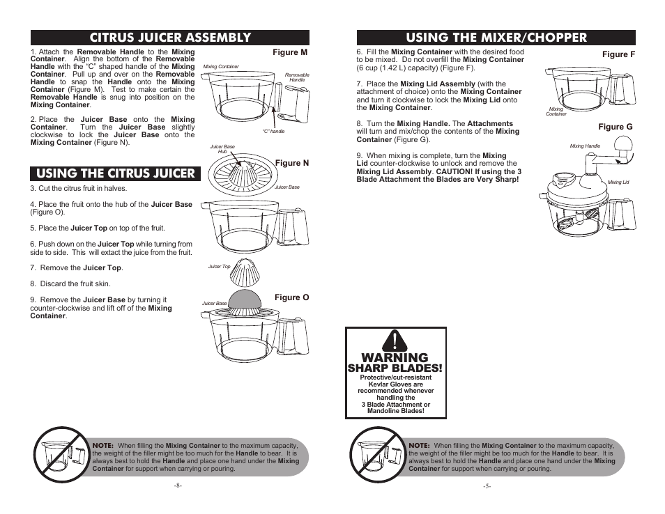 Using the mixer/chopper, Warning, Citrus juicer assembly | Using the citrus juicer, Sharp blades | Weston Manual Kitchen Kit User Manual | Page 5 / 6