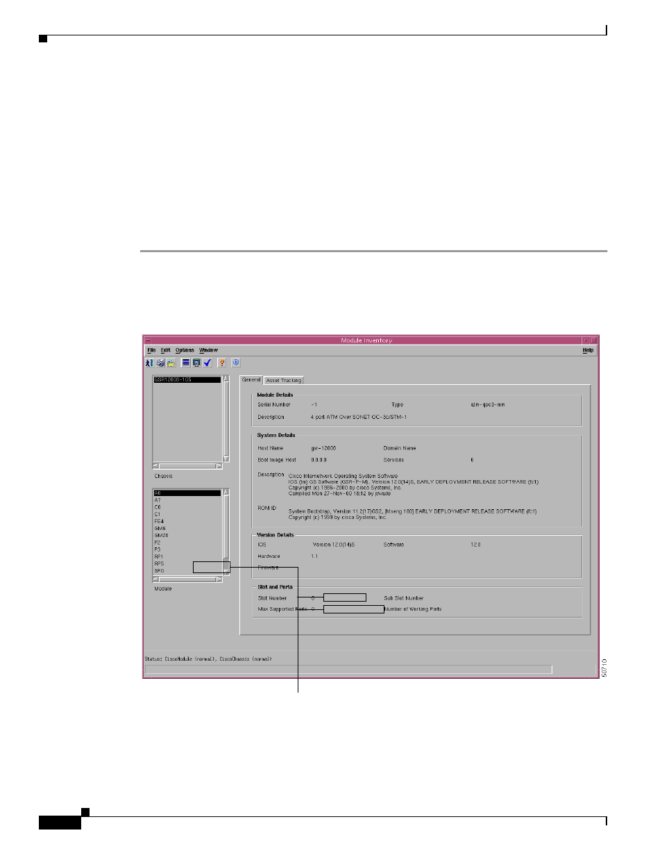 Module inventory, Viewing the module inventory window | Cisco 12000/10700 V3.1.1 User Manual | Page 176 / 602