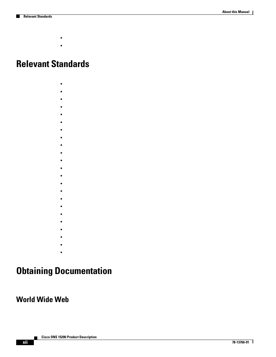 Relevant standards, Obtaining documentation, World wide web | Cisco ONS 15200 User Manual | Page 12 / 74
